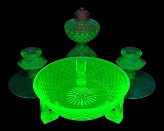 Uranium Glass Hobnail Oil Lamp, Candleholders, Imperial Diamond Quilted Bowl