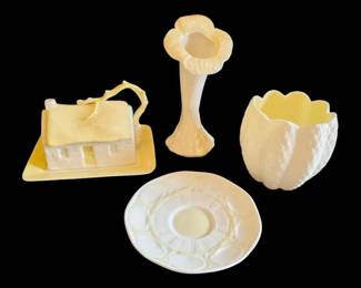 Beleek Irish Porcelain Cottage Butter Cheese Dish, Vases, Small Shell Plate