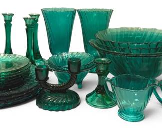Jeannette Ultramarine Swirl Vases, Bowls, Libbey Candlesticks, More Teal Glassware