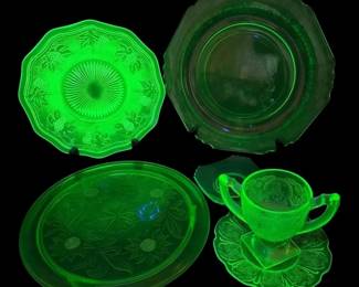 Jeannette Uranium Floral Cake Stand, Plates, More Depression Glass