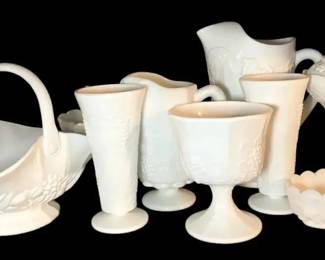 Indiana Grape Patterned Milk Glass Vases, Pitcher, Basket