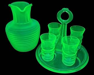 Uranium Depression Glass Cordial Tray Set with Frigidaire Iced Tea Pitcher