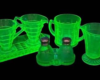 Uranium Glass Indiana Tea Room Sugar Creamer Set, Hazel Atlas Set, and Salt Pepper Shakers