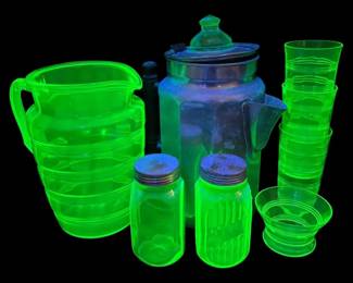 Anchor Hocking Uranium Glass Pitcher, Juice Glasses, Salt Pepper Shakers, and Aluminum Percolator