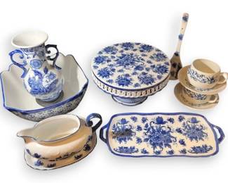 Blue White Cake Stand, Bowl, Gravy Boat with Ladle, Vase, And More