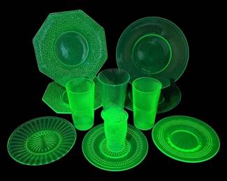 Uranium Glass Plates Tumblers Including L.E. Smith by Cracky