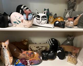 Assorted HandCarved Wooden Cat and Dog Figurines