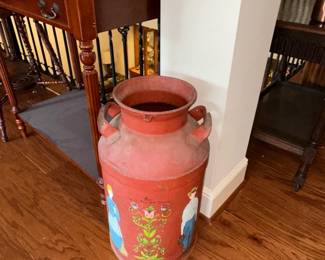 Vintage Painted Metal Milk Can with Figures