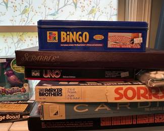 Bingo Tin, Scrabble, UNO, Sorry Board Games Lot