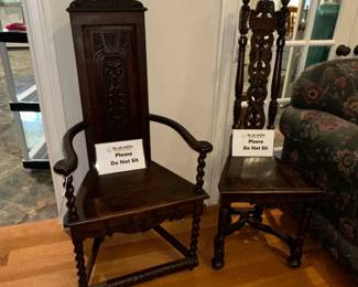 Antique Gothic Revival Oak Armchair and Side Chair Set
