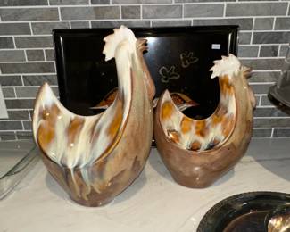 Vintage Ceramic Rooster Planter Set