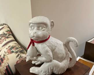 White Ceramic Monkey Figurine with Red Scarf