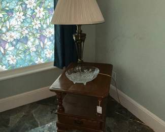 Brass Table Lamp with Cream Shade and Crystal Bowl