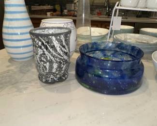 Mosaic Glass Vase and Blue Swirl Bowl