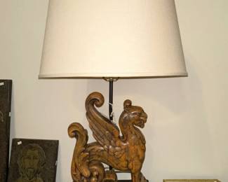 Carved Wood Griffin Table Lamp