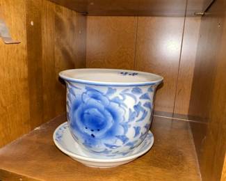 Blue and White Chinoiserie Planter with Saucer