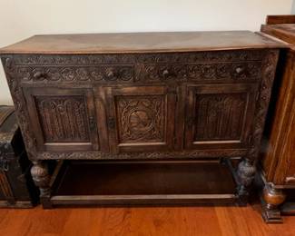 Antique Carved Oak Sideboard Cabinet