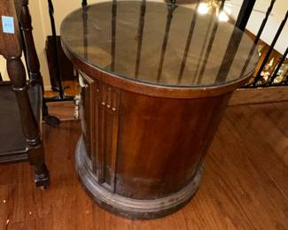 Vintage Wood Drum Table with Glass Top