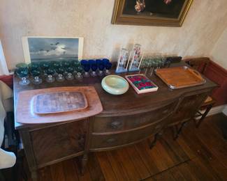 To the left, Vintage MCM Dansk Denmark Butcher Block Cutting Board Serving Tray