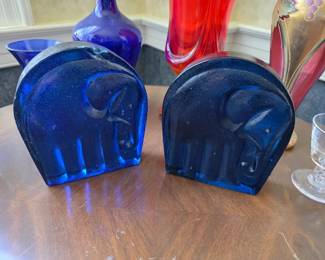 2 Vintage Blenko Glass Cobalt Blue Elephant Bookends by Joel Myers 1960's
