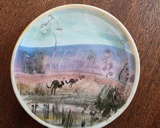 vintage earthenware pottery dish hand-painted by Neil Douglas for Arthur Merric Boyd. "Over the last fence"