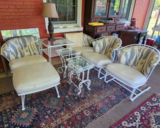 Mid Century Modern Russell Woodard Pinecrest Patio set, 2 Piece Loveseat, 2 Chairs, side table, and 3 Nesting tables.