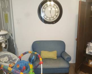 Childs denim sofa and large clock