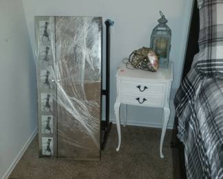 Standup tilting mirrored front jewelry chest and small side table