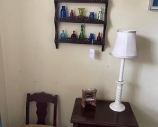 Telephone table and chair, wall shelf, colored glass