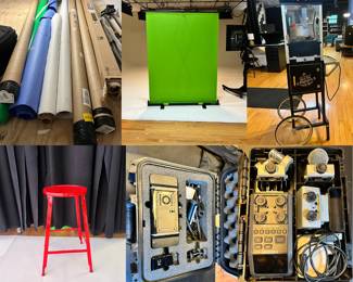 green screen, paper rolls, popcorn machine