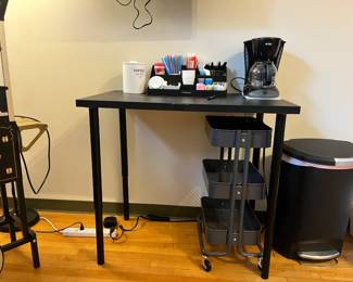 ikea table, drawers, coffee pot, toaster