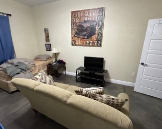 Sofa, twin bed, TV console, artwork