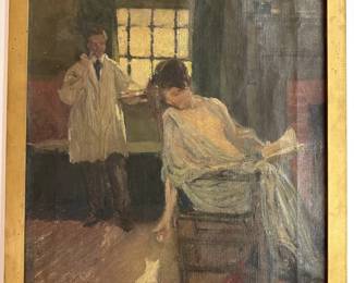 Charles Roswell Bacon (B1868 American) Original Oil Painting, Signed, Couple With Cat Lot #: 3