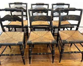  Set 6 Antique Hitchcock Black Rush Eagle Farmhouse Chairs Purchased At Sibley, Lindsay & Curr In Rochester Lot #: 5