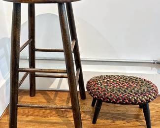 Vintage N.M Sargent's Sons Inc Wood Stool & Small Footstool With Braided Rug Upholstery Lot #: 48
