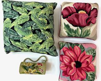 2 Needlepoint Flower Throw Pillows, Hand Made Needlepoint Purse & Throw Pillow With Plants Lot #: 95