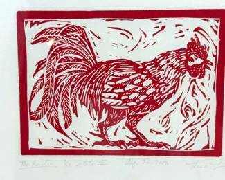  Lisa Lin (2008) Linocut Chicken Print, David W Thomas (2005) Print On Masonite & Dog Print Lot #: 20