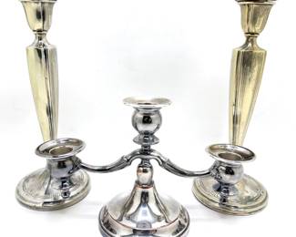  Pair Vintage Silver Plate Candle Sticks & 3 Candle Candelabra Lot #: 91