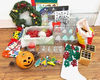 Christmas Oraments, Advent Calendars, Wreath, Stockings, Halloween Pumpkin & More Holiday Decorations Lot #: 128