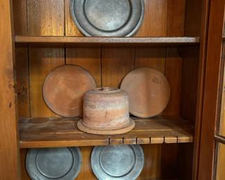 Pewter & red clay plates &lid