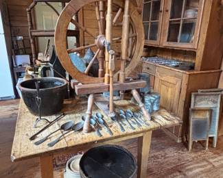 Spinning wheel pewter flatware & bins