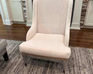 F9 - $250. Gustavian Chair, Taupe Fabric, Open Webbed. Measures 29" wide x 33" deep x 40" tall. Floor to seat is 16". There is some damage to the underside of the chair, probably from the cat. You don't notice it unless you flip it over.