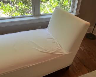 F14 - $150. Slipcovered Pottery Barn Chaise Lounge Chair. Measures 30.5" wide x 55.25" long x 33.25" tall.
