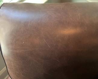 F24 - $400. Pottery Barn by Mitchell Gold Leather Chair & Ottoman. Measures 36" x 33.5" x 34" tall. Ottoman 25" x 20.5" x 14.75" tall.