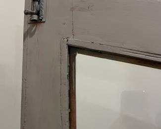 F26 - $250. Grey Display Cabinet with wooden shelves. Measures 38" wide x 15.25" deep x 79" tall.
