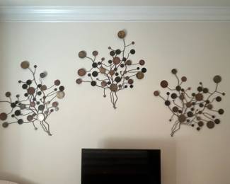 F15 - $50. 3 Piece Crate & Barrel Metal Wall Art. Each Piece is 38" wide x 36" tall.