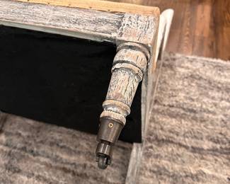 F9 - $250. Gustavian Chair, Taupe Fabric, Open Webbed. Measures 29" wide x 33" deep x 40" tall. Floor to seat is 16". There is some damage to the underside of the chair, probably from the cat. You don't notice it unless you flip it over.