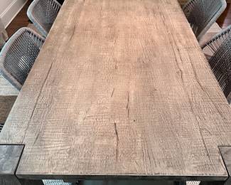 F35 - $1200. TABLE ONLY. (Chairs are priced separately.) Restoration Hardware Reclaimed Oak Parsons Rectangular Dining Table featuring thick, block legs and a rustic driftwood finish. Natural Oak Finish. Measures 39.5" wide x 7' long x 30" tall. Weighs 224#. Also has 2 - 24" leaves that attach to the ends of the table.