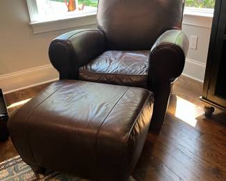 F24 - $400. Pottery Barn by Mitchell Gold Leather Chair & Ottoman. Measures 36" x 33.5" x 34" tall. Ottoman 25" x 20.5" x 14.75" tall.