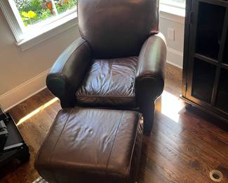 F24 - $400. Pottery Barn by Mitchell Gold Leather Chair & Ottoman. Measures 36" x 33.5" x 34" tall. Ottoman 25" x 20.5" x 14.75" tall.